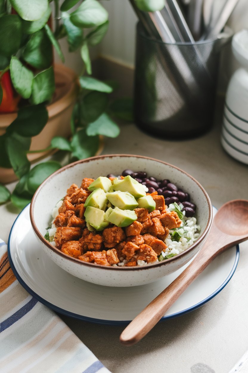 An indoor countertop with a bowl of crumbled tempeh cooked in chipotle sauce over cilantro rice, black beans, and corn, topped with diced avocado. No text or logos anywhere.