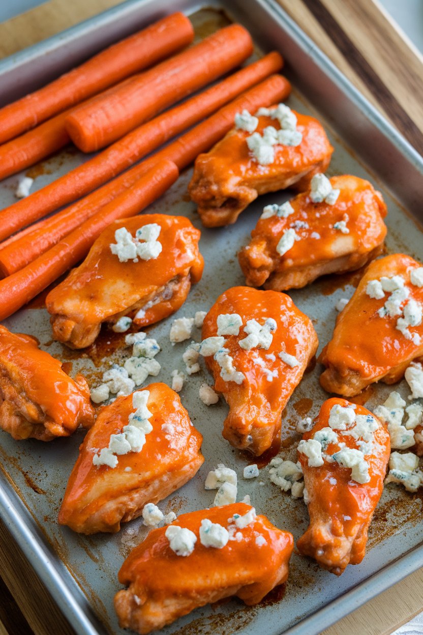 Indoor photo showing bright-orange Buffalo sauce glazed chicken wings on a sheet pan, roasted carrot sticks alongside, blue cheese crumbles sprinkled post-roast. No text or logos.