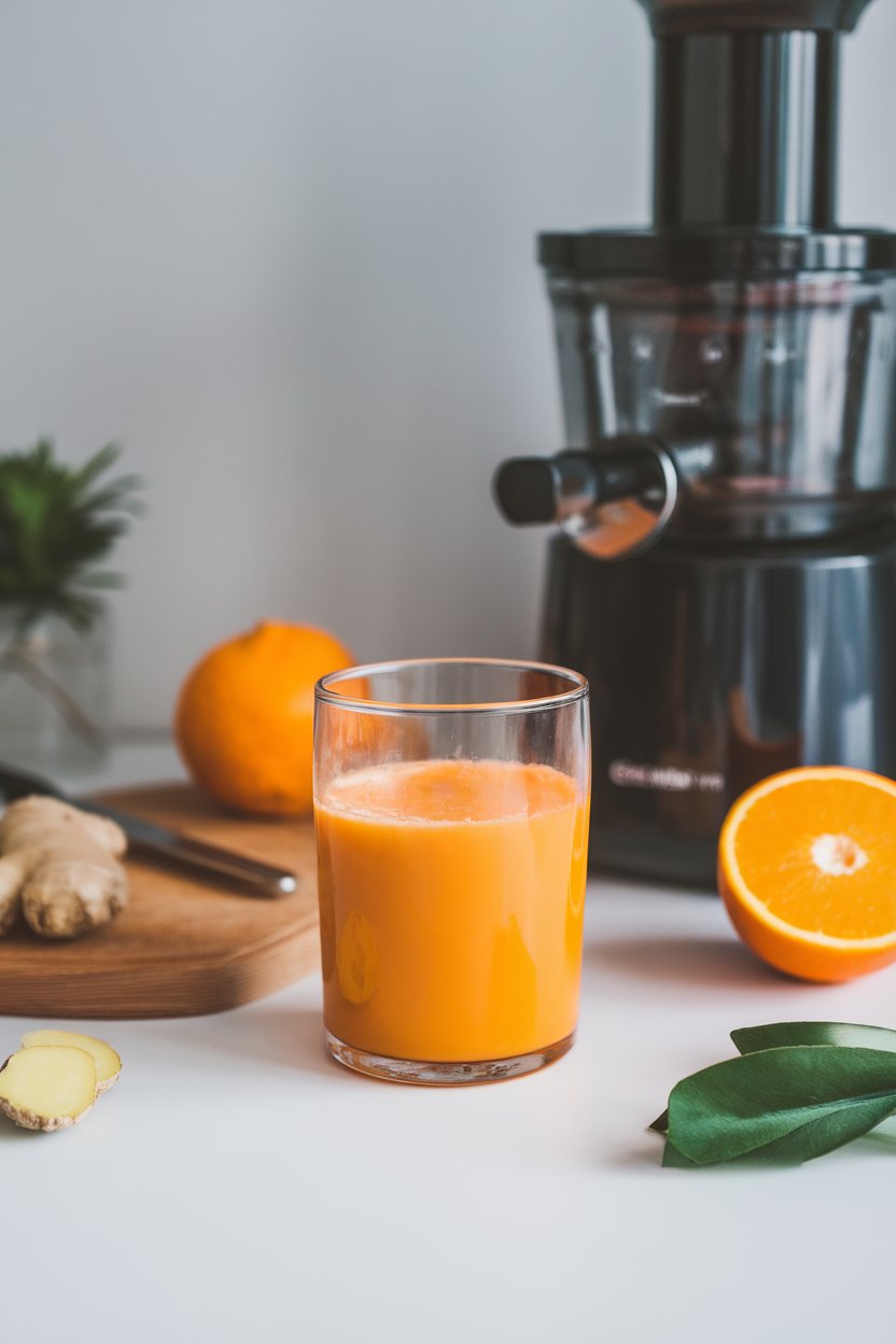 Indoor juicer setup with vibrant orange juice poured into a clear glass, tiny ginger piece on cutting board, no text or logos.