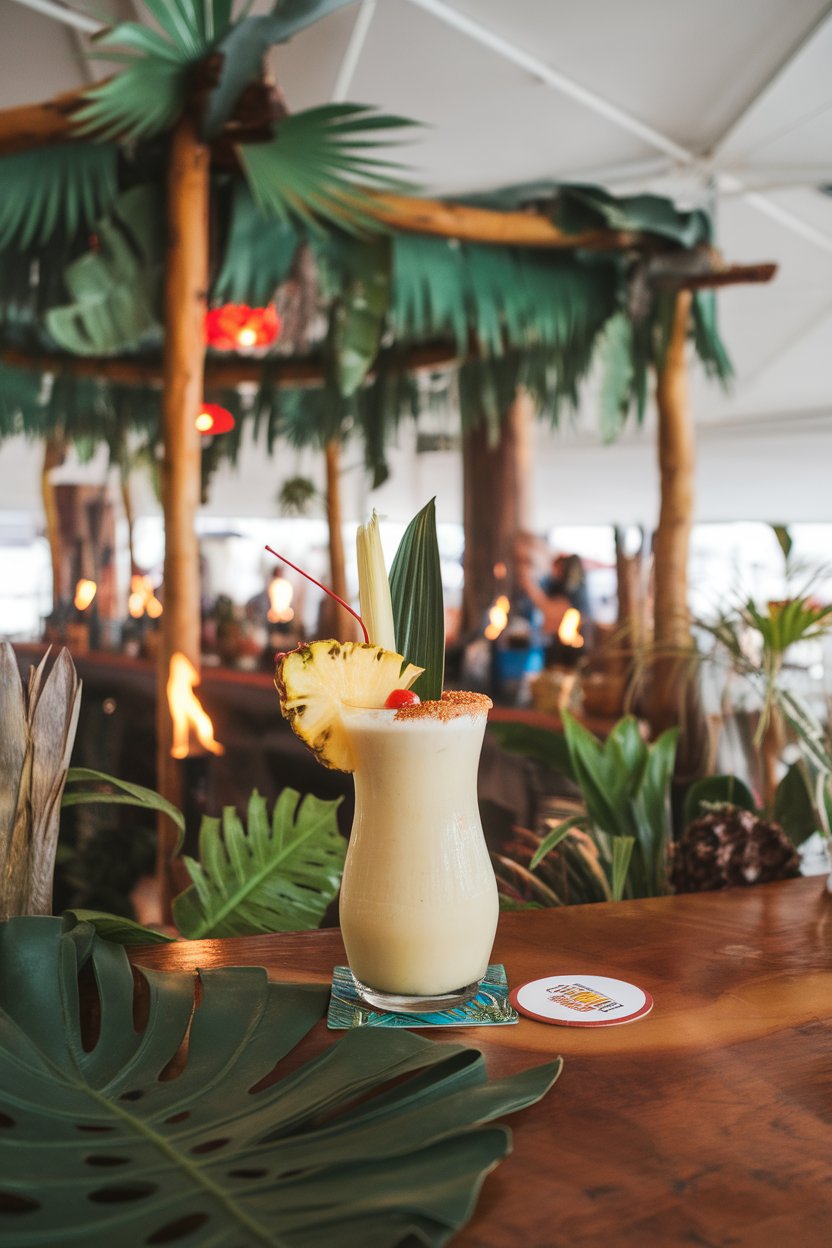 An indoor tiki bar setup featuring a hurricane glass of creamy piña colada topped with a pineapple leaf and cherry. No logos or text. Photo.