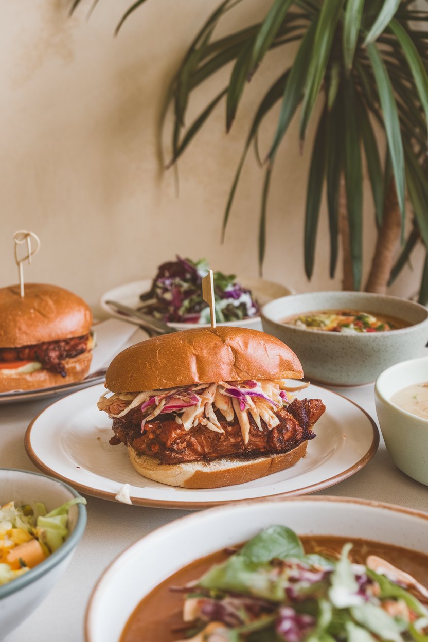 An indoor vegan café style setup with shredded BBQ jackfruit on a bun, coleslaw on top. No text or logos. Photo.
