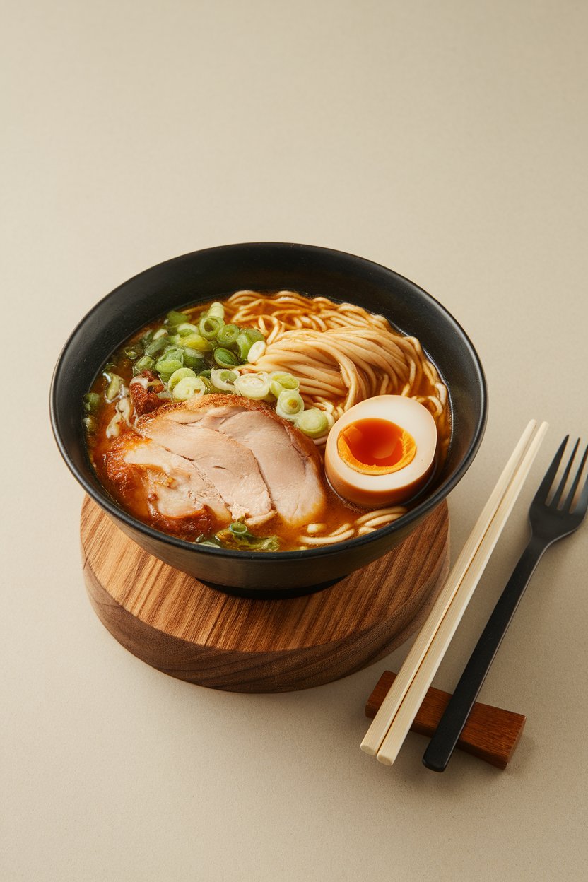 Indoor ramen bowl with slow-cooked chicken, soft-boiled egg, noodles, and scallions in rich broth. Photo only.