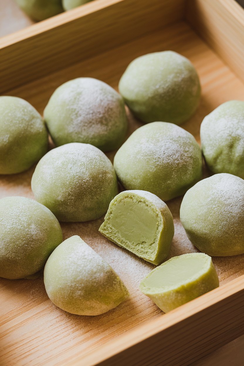 An indoor wooden tray with round green mochi dusted lightly with cornstarch, one piece cut to show chewy center, no text or logos. Photo only.