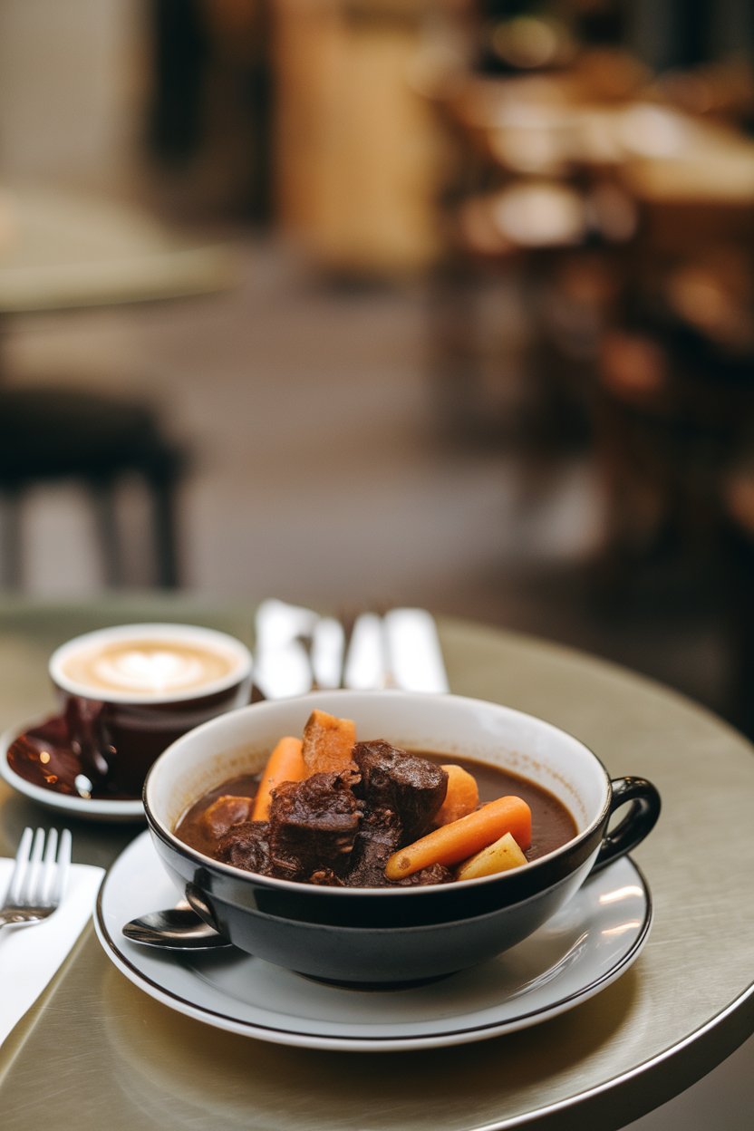 Indoor café-style table featuring a bowl of dark espresso-infused beef stew with carrots and parsnips, subtle coffee cup in background (plain white, no logo). Photo.