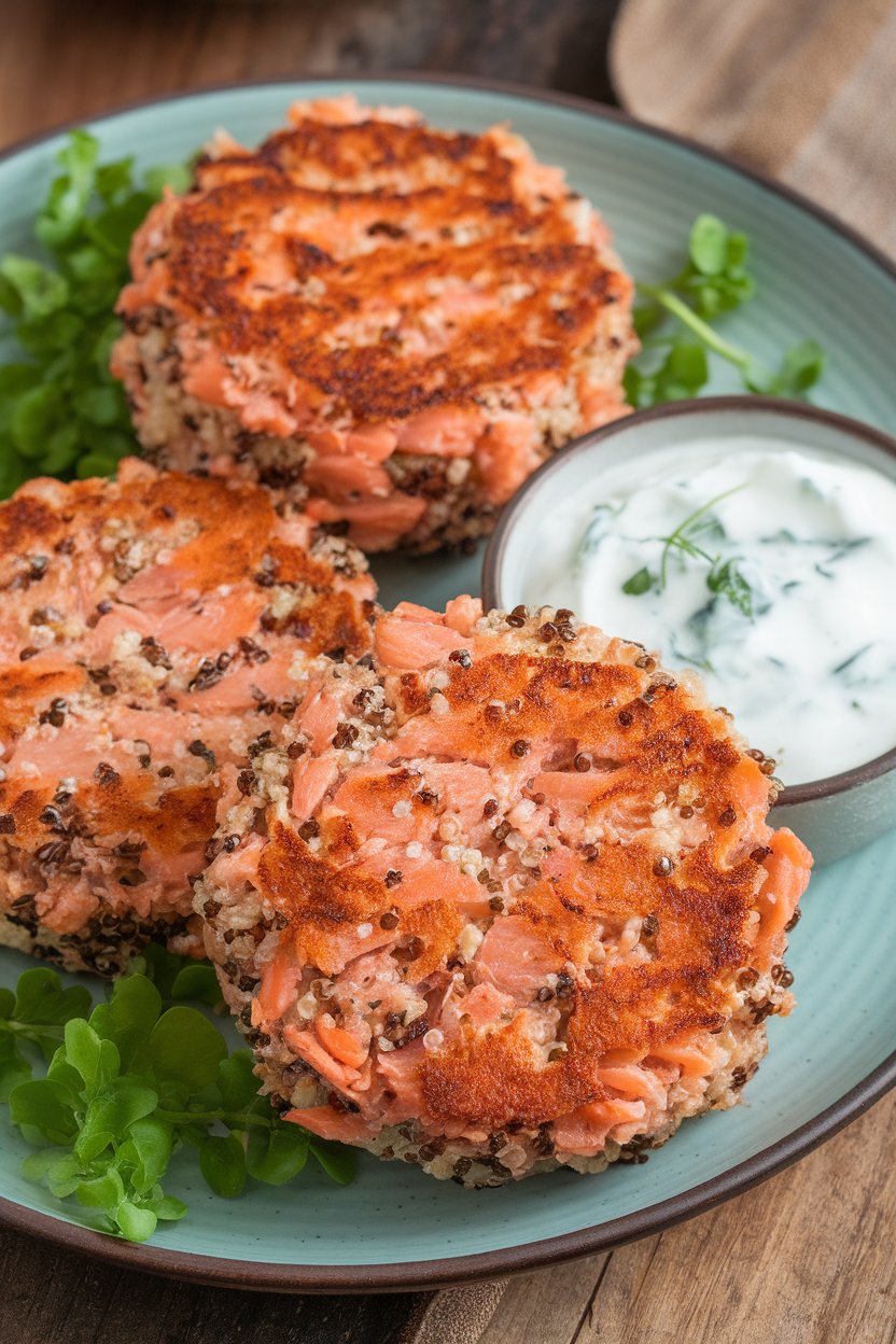 Indoor photo of round patties made from flaked cooked salmon and quinoa, pan-seared to golden, with a side of Greek yogurt sauce. No text or logos.