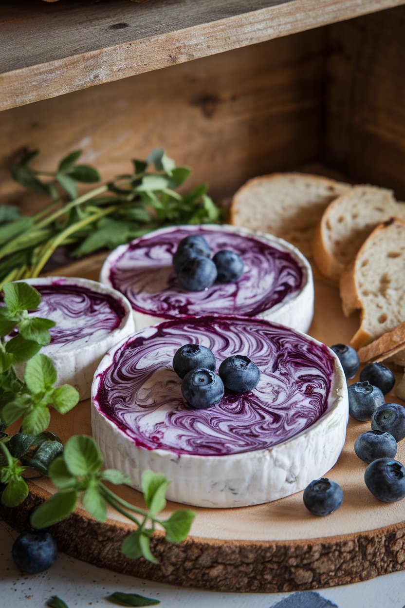 Indoor board featuring rounds of goat cheese with vivid blueberry compote swirled through the surface. Photo, no text or logos.