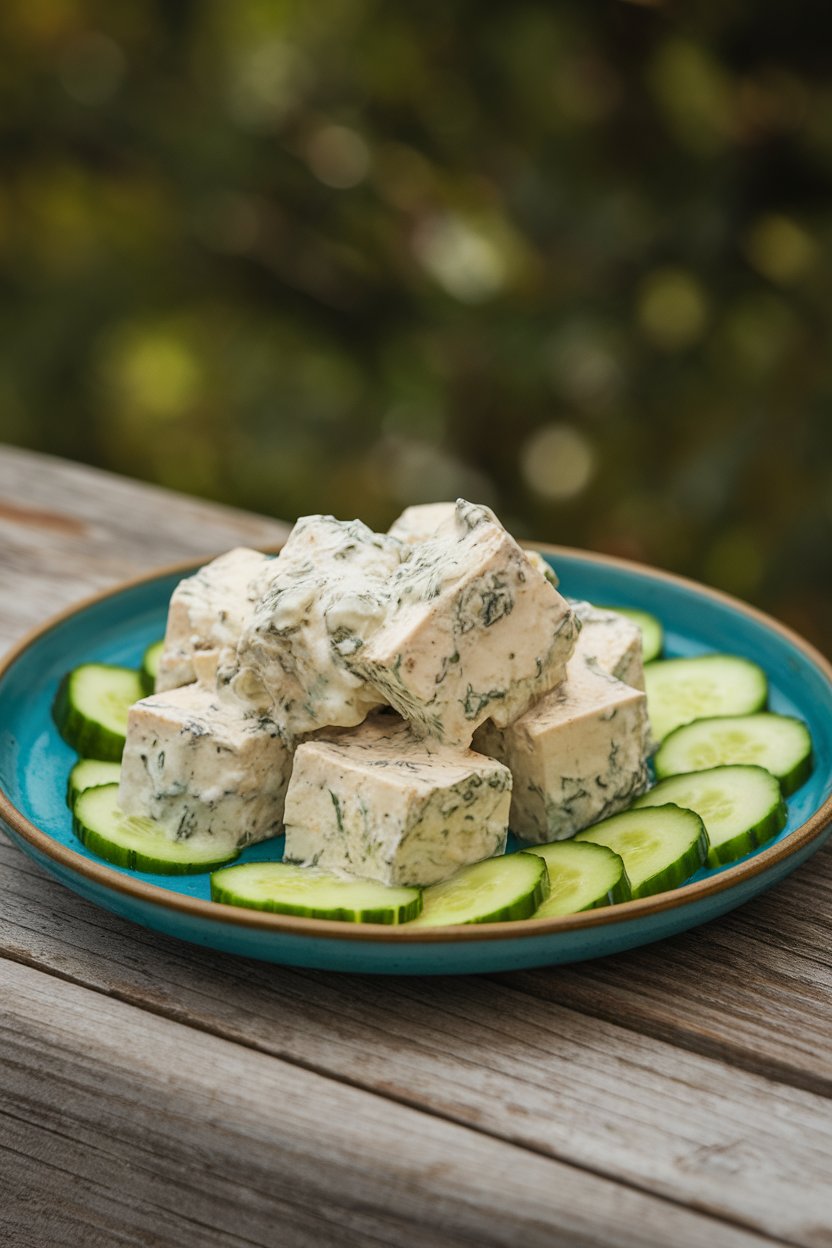 Photo prompt: Indoor plate with tofu cubes coated in creamy white yogurt herb marinade, cucumber slices alongside. No text or logos.