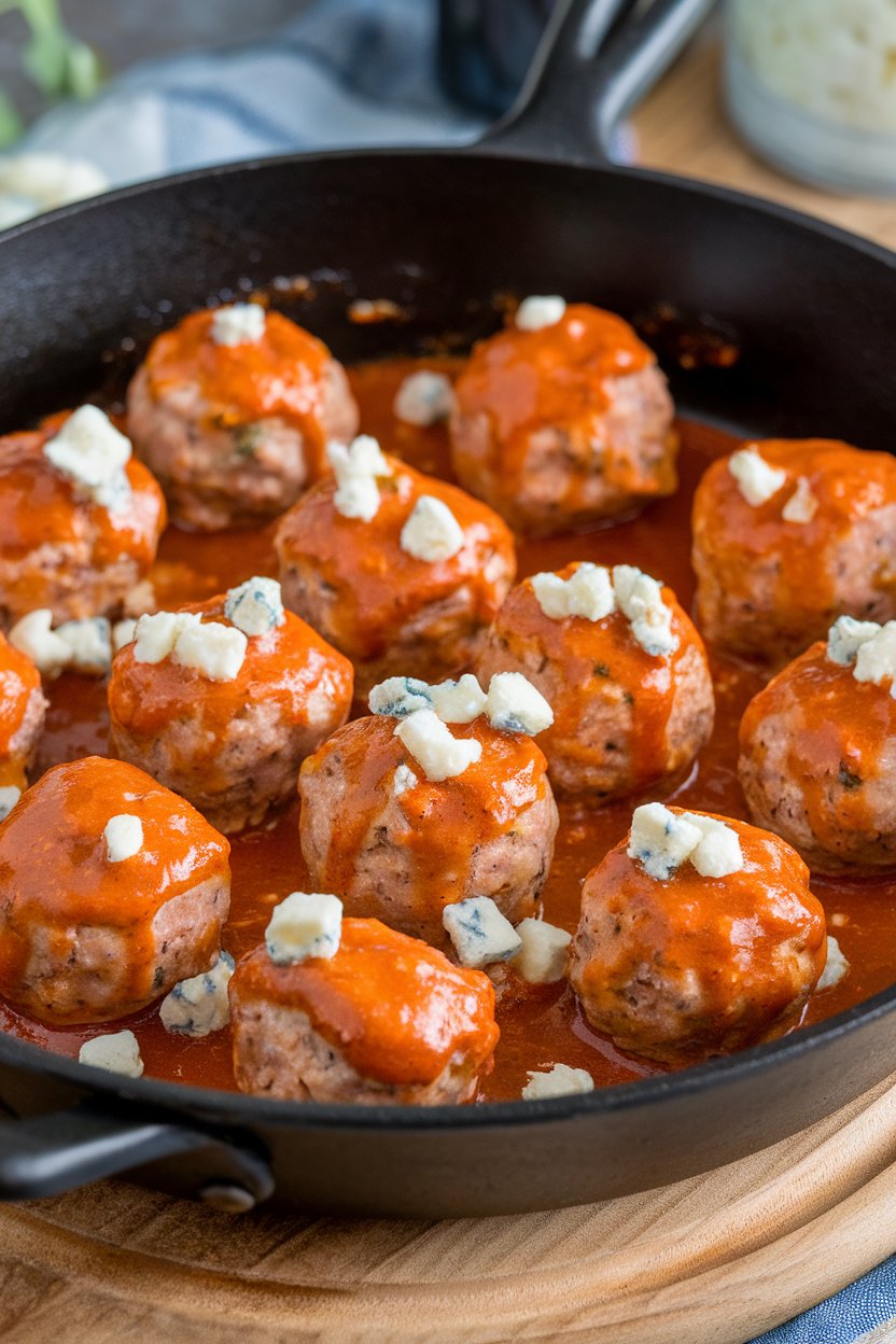 Indoor photo of buffalo-sauced turkey meatballs in a small skillet with blue cheese crumbles on top. No text or logos.
