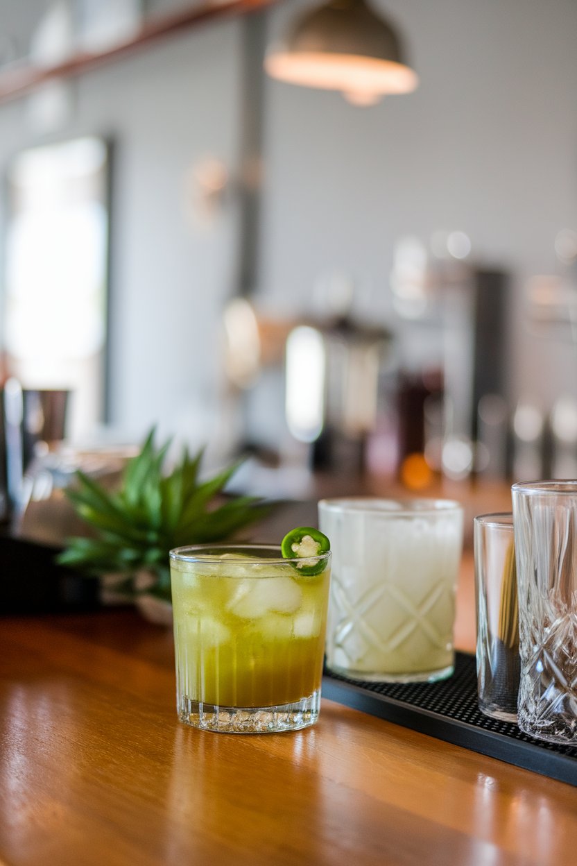 Indoor bar with a double rocks glass of chartreuse-green cocktail, jalapeño coin floating, no text or logos, photo