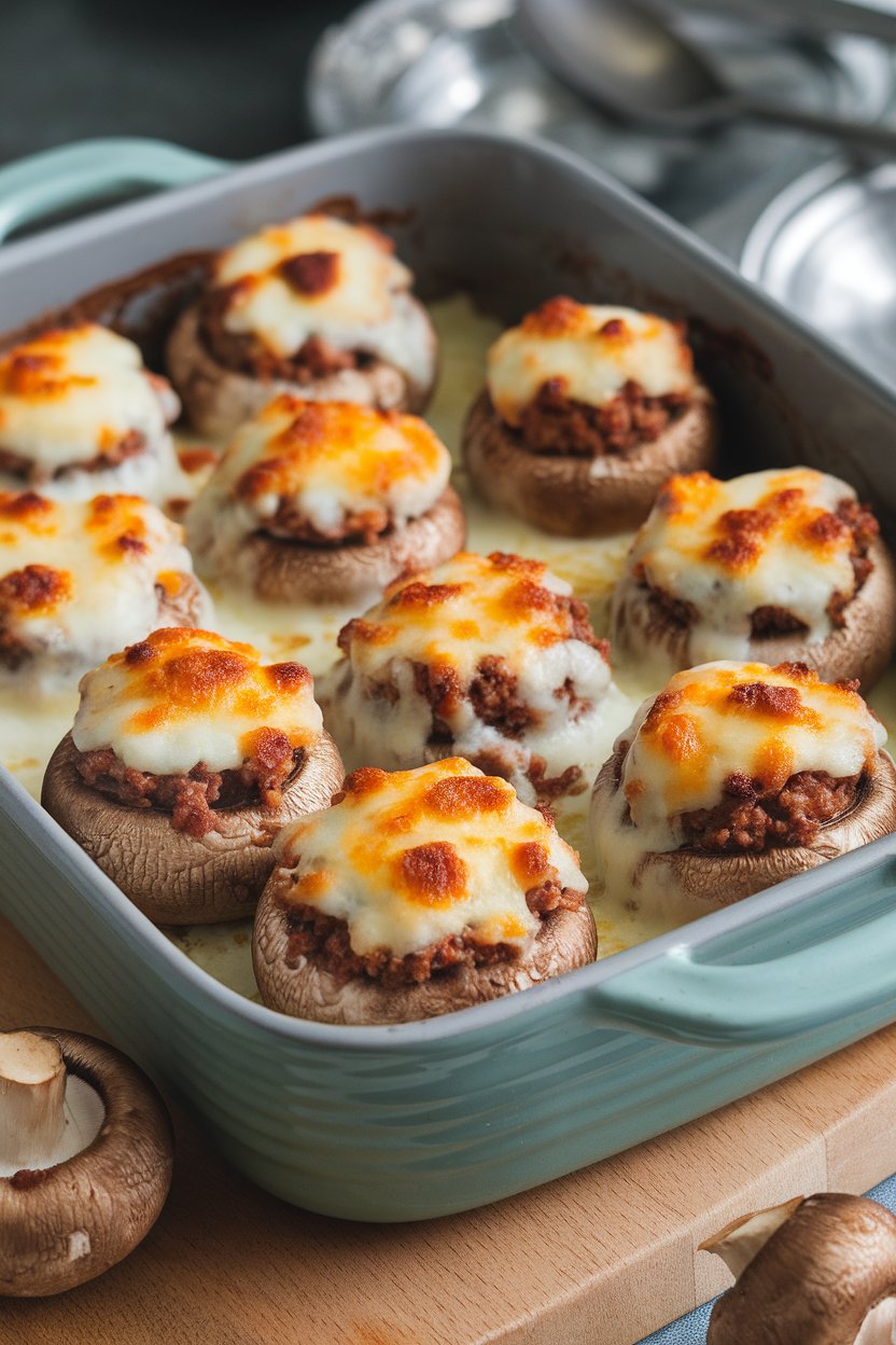 Indoor casserole dish filled with baked button mushrooms stuffed with sausage filling and browned cheese tops, no text or logos. Photo only.