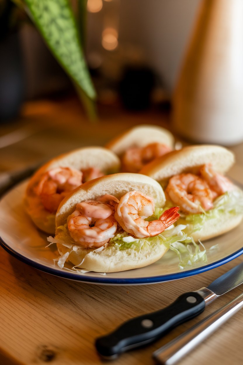 A warmly lit indoor plate showing small buns filled with crispy cooked shrimp, shredded lettuce, and remoulade sauce, no text or logos. Photo only.