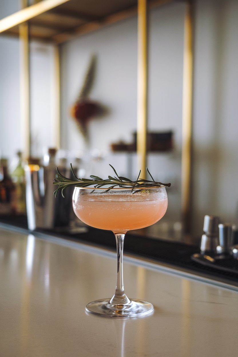 A stylish indoor bar counter showcasing a coupe glass of pale-pink grapefruit drink with a tiny rosemary sprig resting across the rim. No logos or text. Photo.