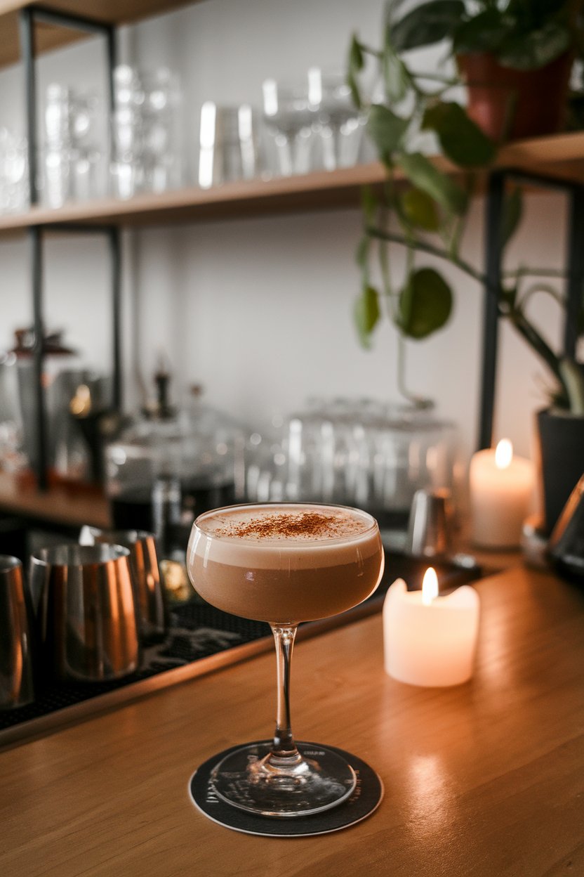 Candle-lit indoor bar scene with a stemmed glass of creamy beige cocktail, grated nutmeg on top, no text or logos, photo