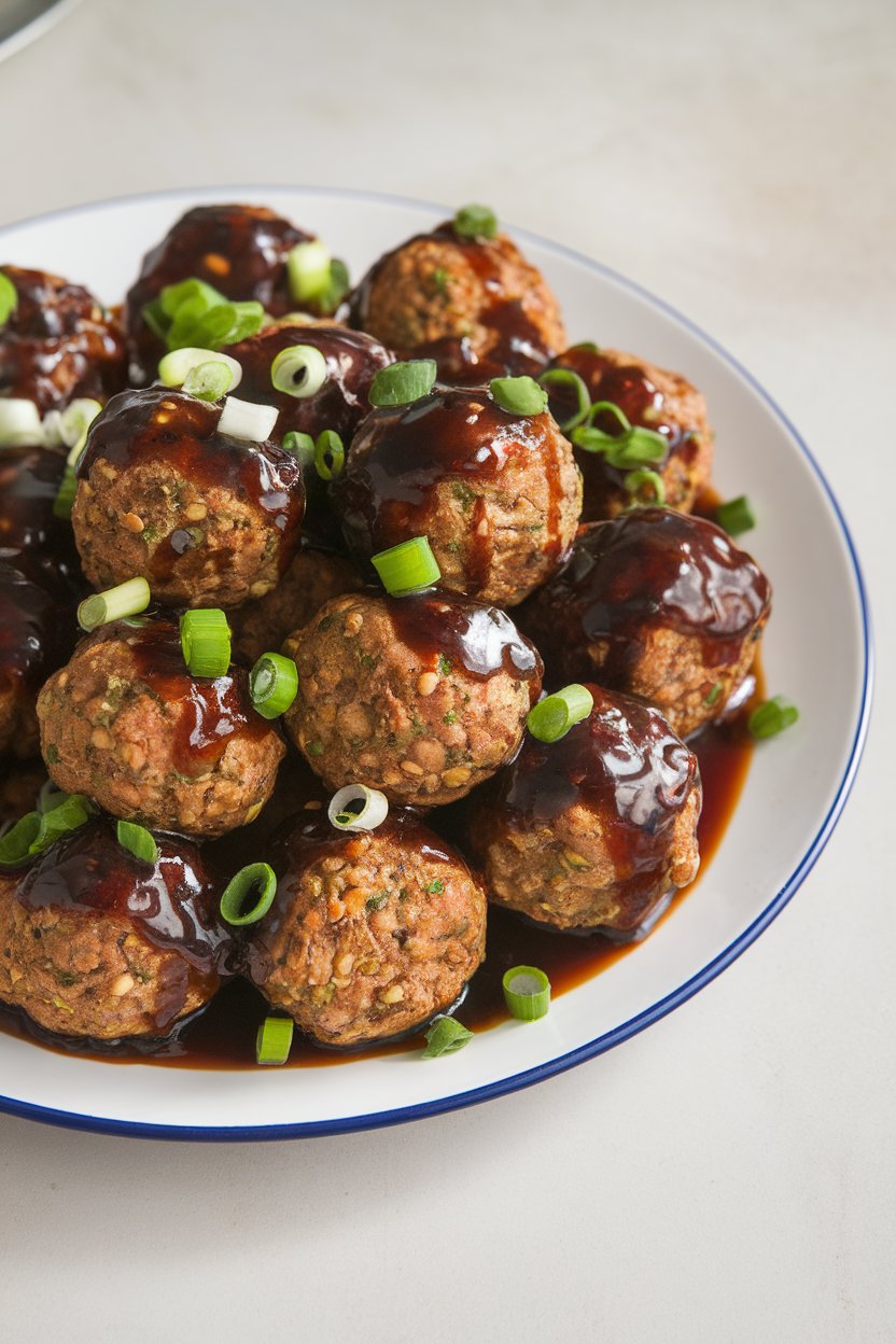 Indoor platter of plant-based meatballs glazed with dark soy-ginger sauce, sprinkled with sliced green onions. No text or logos.