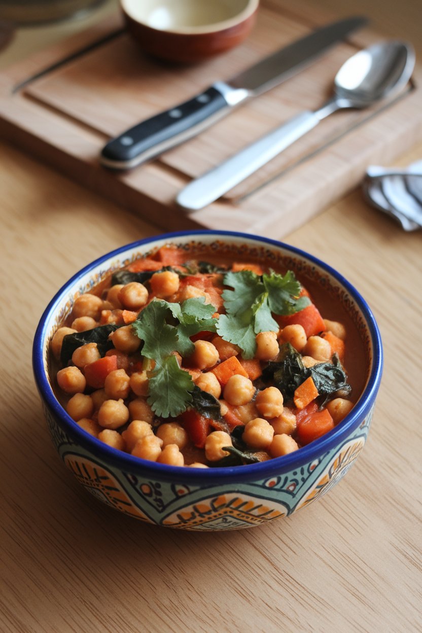Indoor tabletop photo of a colorful ceramic bowl filled with cooked chickpea stew dotted with tomatoes, sweet potatoes, and spinach, sprinkled with cilantro. No text or logos present.