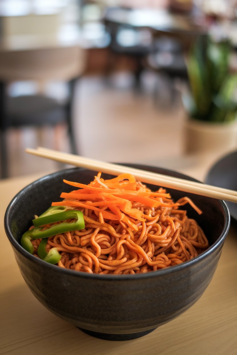 A deep indoor bowl filled with saucy peanut noodles, bell pepper strips, and shredded carrots, chopsticks resting on rim. No text or logos.
