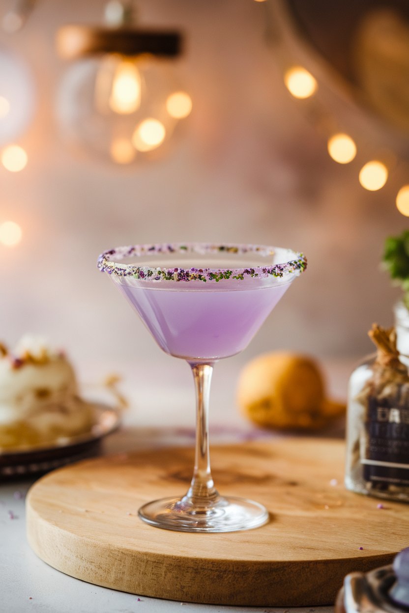 Photo of a martini glass indoors containing lavender-tinted cocktail with a light sugar-rim in purple, green, and gold sprinkles, soft bakery lighting, no text or logos