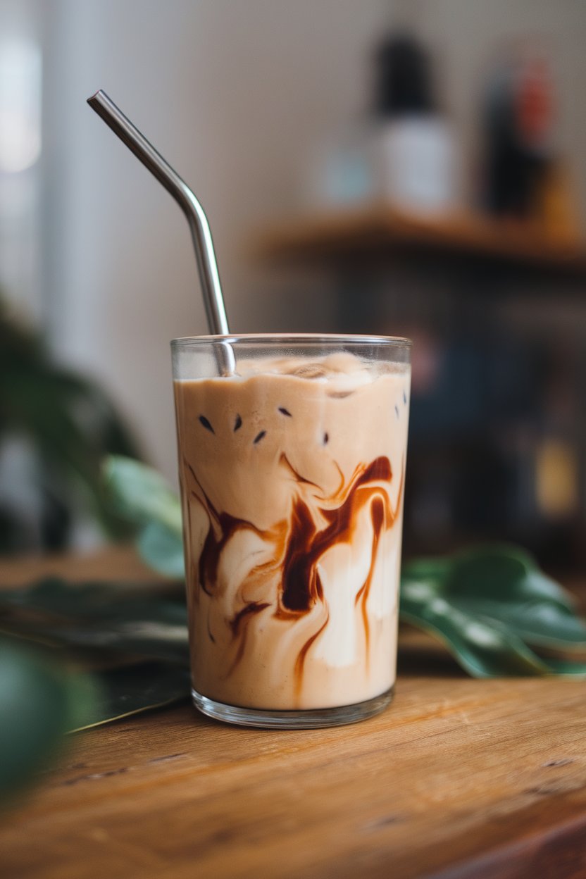 A clear glass indoors filled with iced coffee swirled with vanilla protein shake, stainless steel straw, no brand labels.