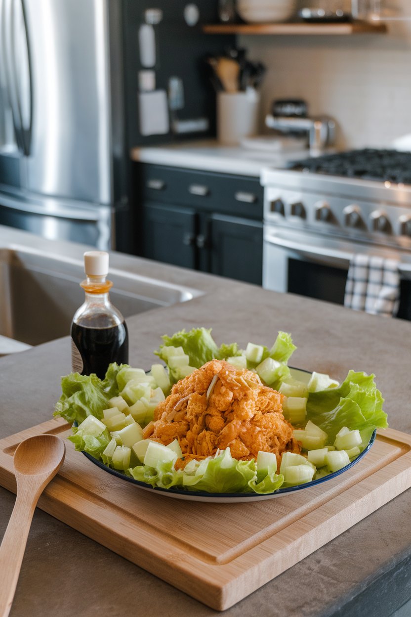An indoor kitchen island showing a plate of saucy shredded cauliflower tucked into crisp lettuce cups with diced celery. No text or logos in the photo.