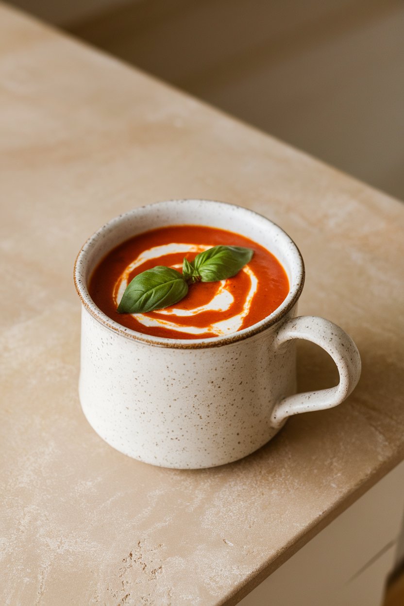 A white ceramic mug of creamy tomato basil soup on an indoor countertop, swirl of cream on top and a fresh basil leaf for garnish. No text or logos. Photo.
