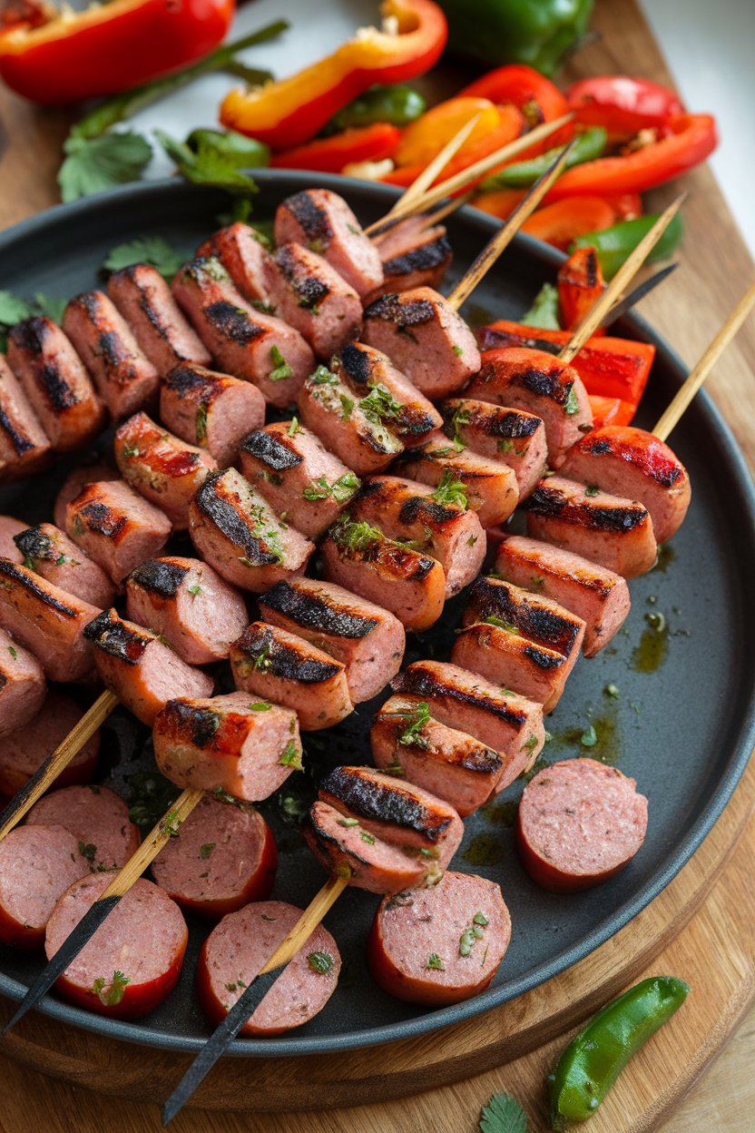Indoor platter of grilled sausage and bell pepper skewers, slight char marks visible, brushed with herb oil. No logos or text.