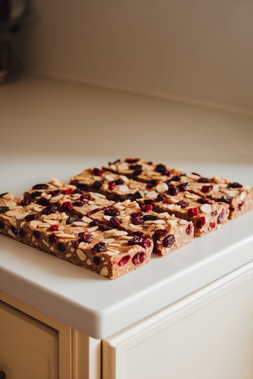 Indoor countertop with rectangular homemade bars dotted with dried cranberries and almond slivers, neatly lined up; no branding.