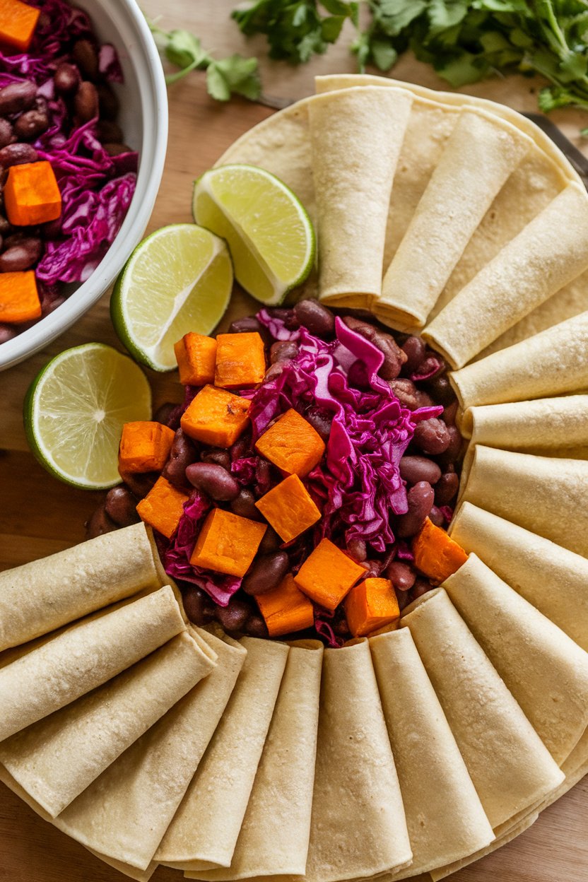 Indoor photo of soft corn tortillas folded around spiced black beans, roasted sweet potato cubes, and shredded red cabbage, lime wedges on the side. No text or logos.