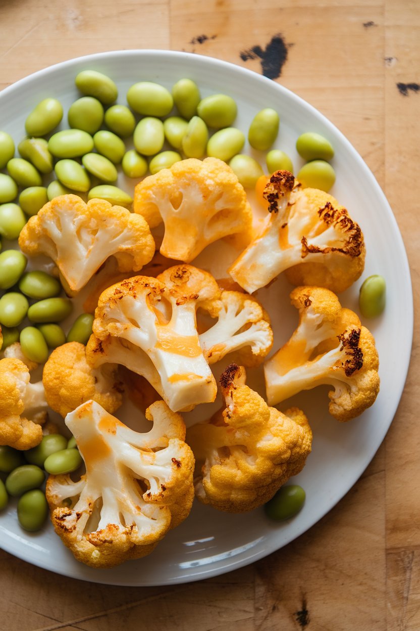 Indoor photo of roasted cauliflower florets tossed in orange sesame glaze, shelled edamame scattered across a pan; no text or logos