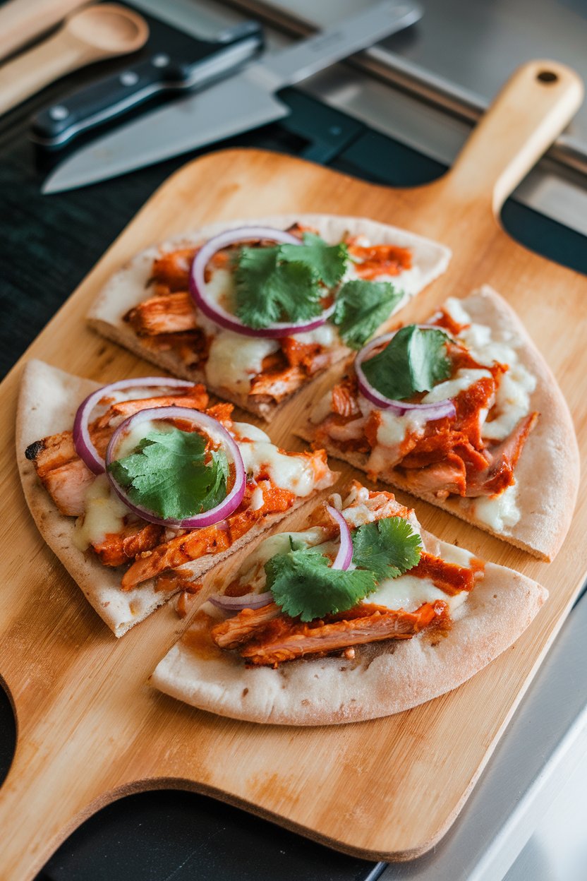 Indoor photo of sliced flatbread topped with barbecue chicken, red onion, cilantro, and melted cheese on a pizza peel. No text or logos.