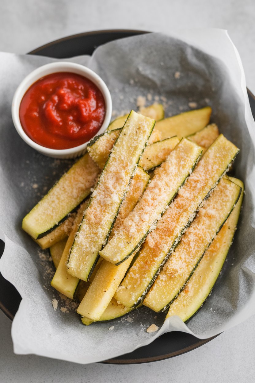 An indoor plate lined with parchment holding golden zucchini fries dusted with grated Parmesan, a small cup of marinara dip beside—no text or logos. Photo, not illustration.