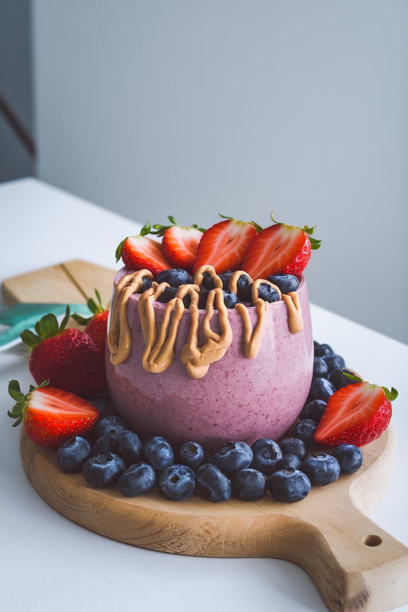 A vibrant smoothie bowl indoors topped with sliced strawberries, blueberries, and a drizzle of peanut butter. No text or logos present; photo.