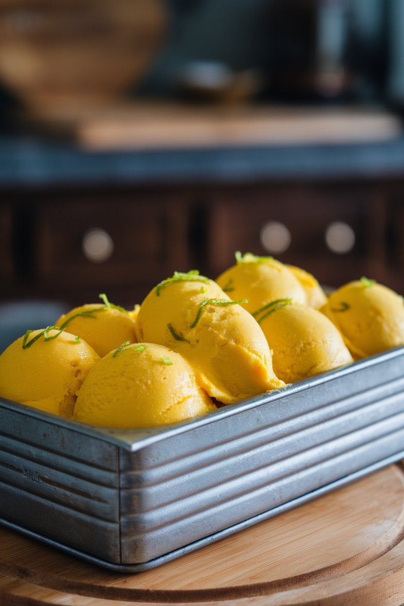 Indoor photo of a metal loaf pan containing bright yellow mango sorbet scoops, lime zest sprinkled. No text or logos.