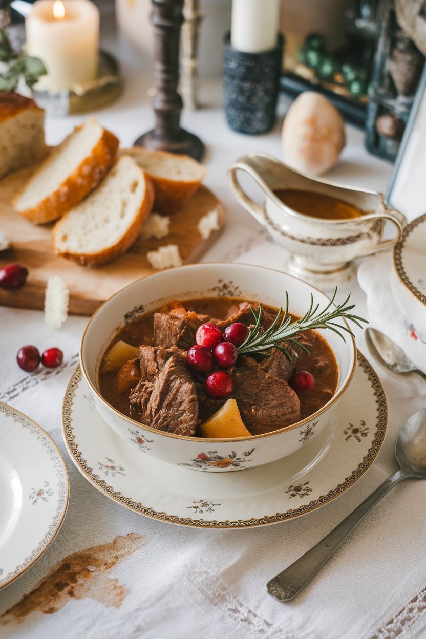 Indoor festive table featuring a bowl of beef stew with ruby cranberries and rosemary sprig garnish. No text or logos. Photo.