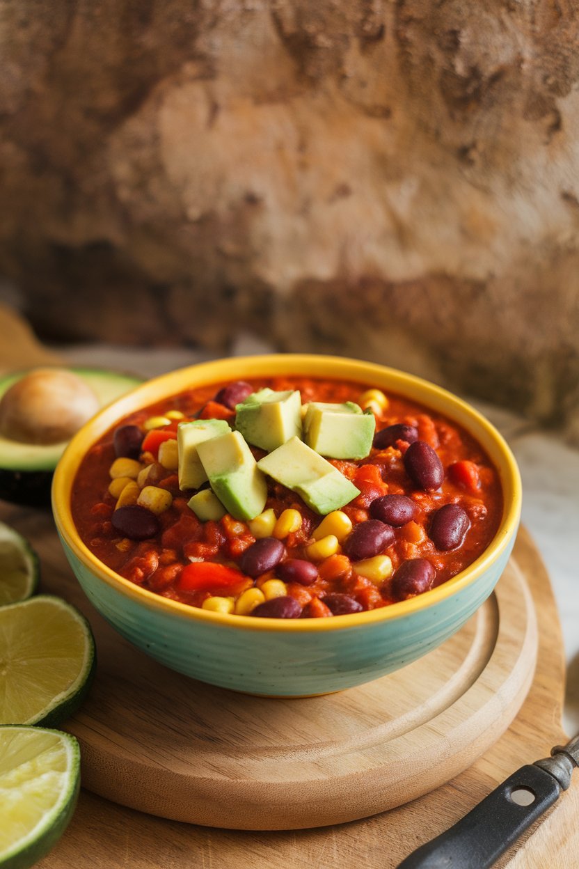 Indoor photo of a colorful bowl of vegan chili with kidney beans, corn, and bell peppers, topped with avocado cubes. No text or logos.