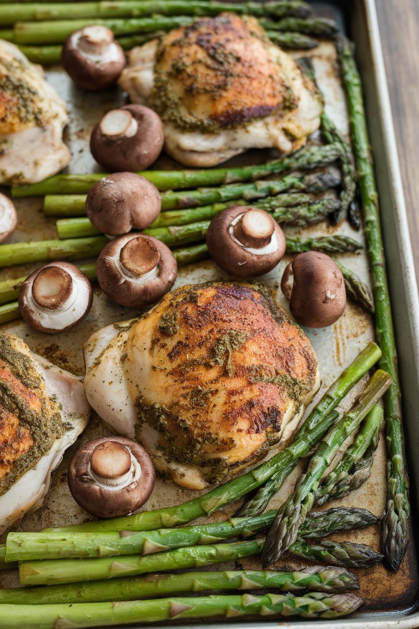 Indoor photo of pesto-coated chicken thighs, roasted asparagus spears, and cremini mushrooms on a sheet pan; no text or logos
