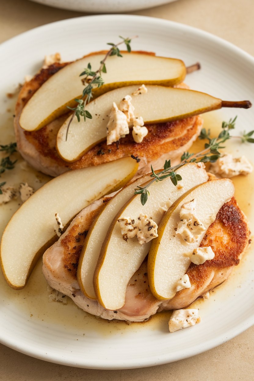 Indoor photo of seared chicken cutlets topped with sautéed pear slices and a light sprinkle of gorgonzola crumbles, thyme sprigs on top. No text or logos.