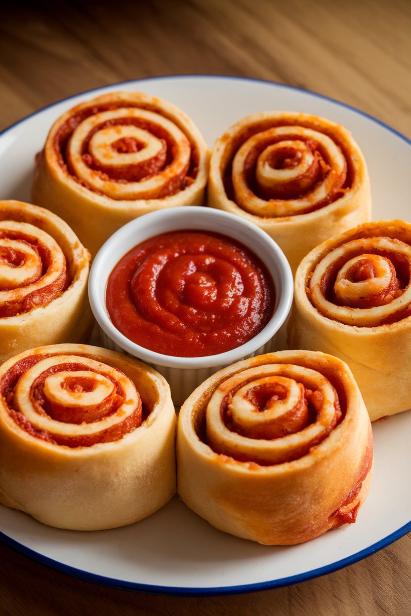 Indoor photo of golden pizza roll spirals showing pepperoni and cheese swirls, marinara dipping bowl in center. No text or logos.