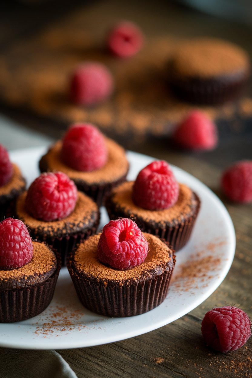 Indoor photo of mini muffin-size brownie bites topped with fresh raspberries and a dusting of cocoa. No text or logos.