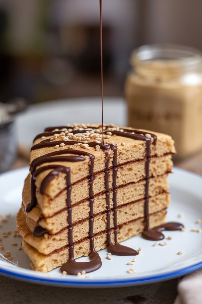 Pancake slice drizzled with dark chocolate and sesame seeds, a jar of tahini blurred in background indoors, no text or logos.