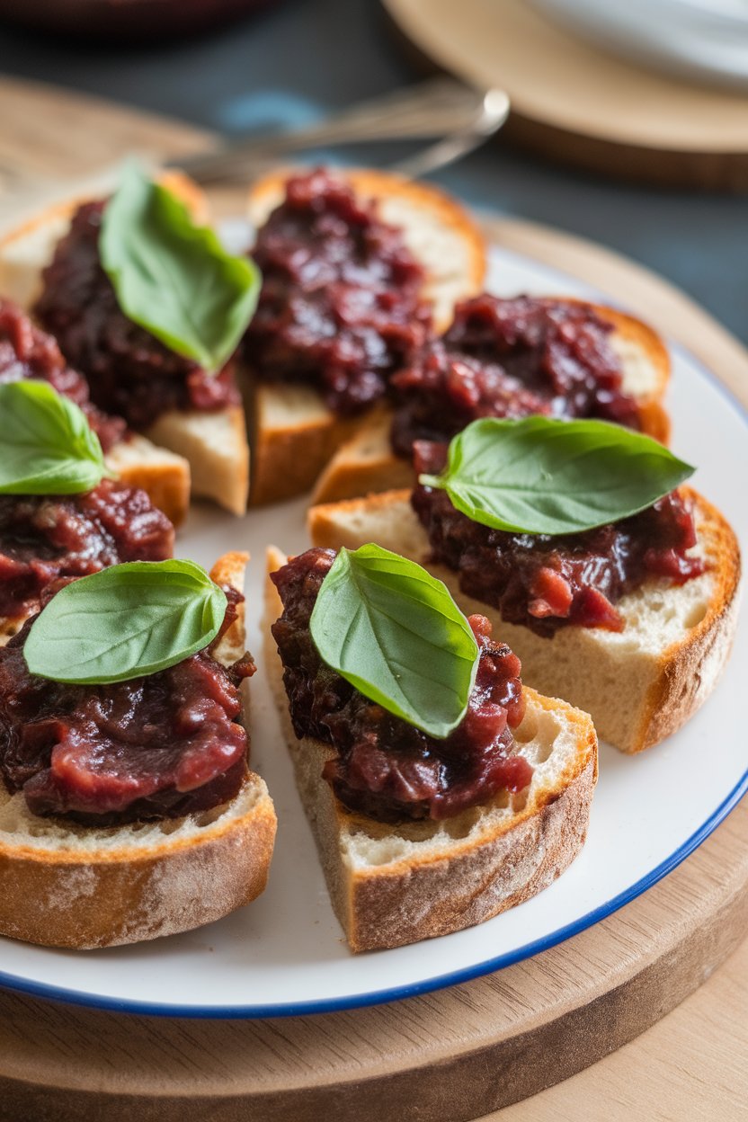 Indoor photo of toasted baguette slices topped with glossy eggplant caponata, garnished with basil. No text or logos.