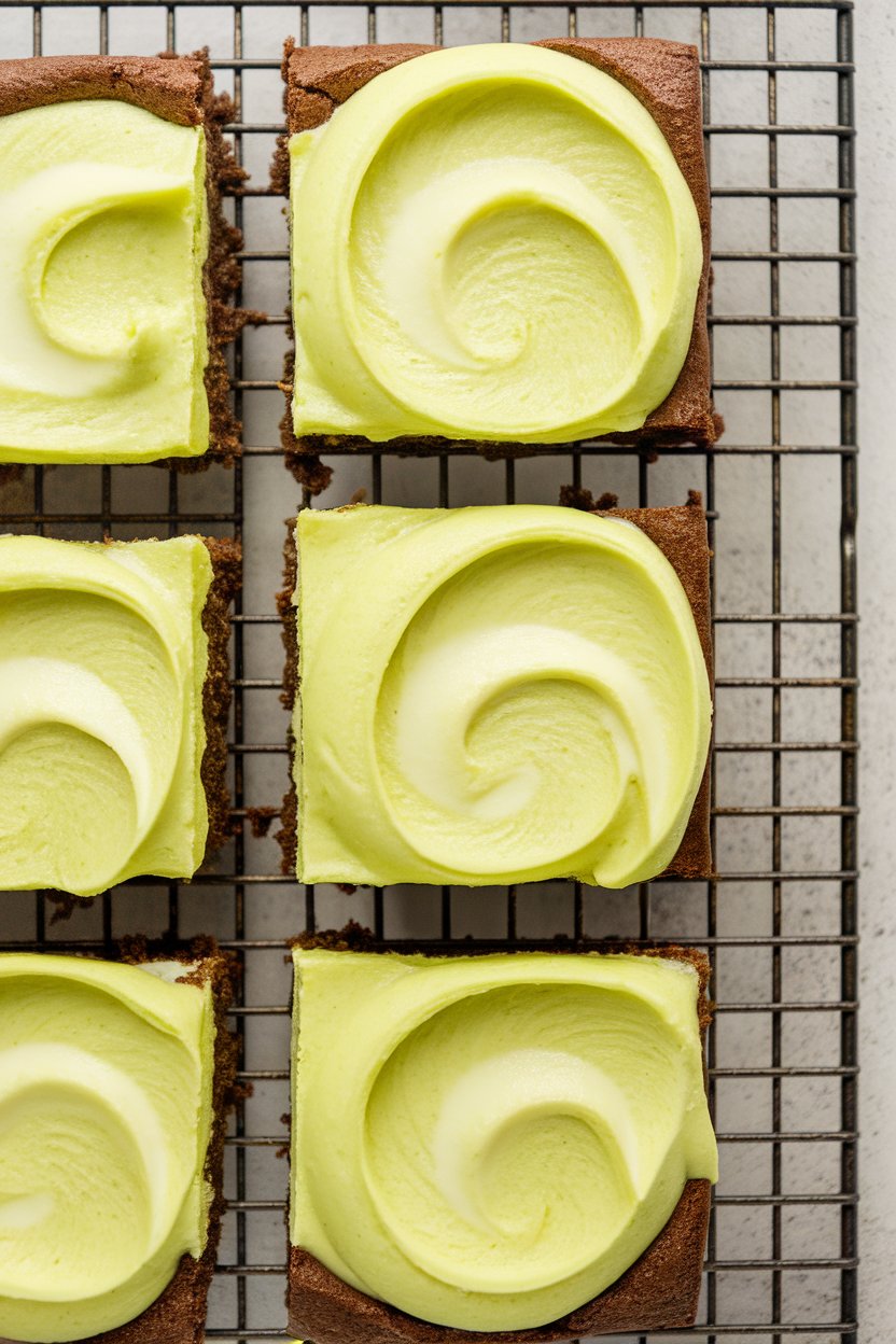 Overhead indoor view of brownie squares topped with bright lime cheesecake swirl, cooling on a wire rack. No text or logos.