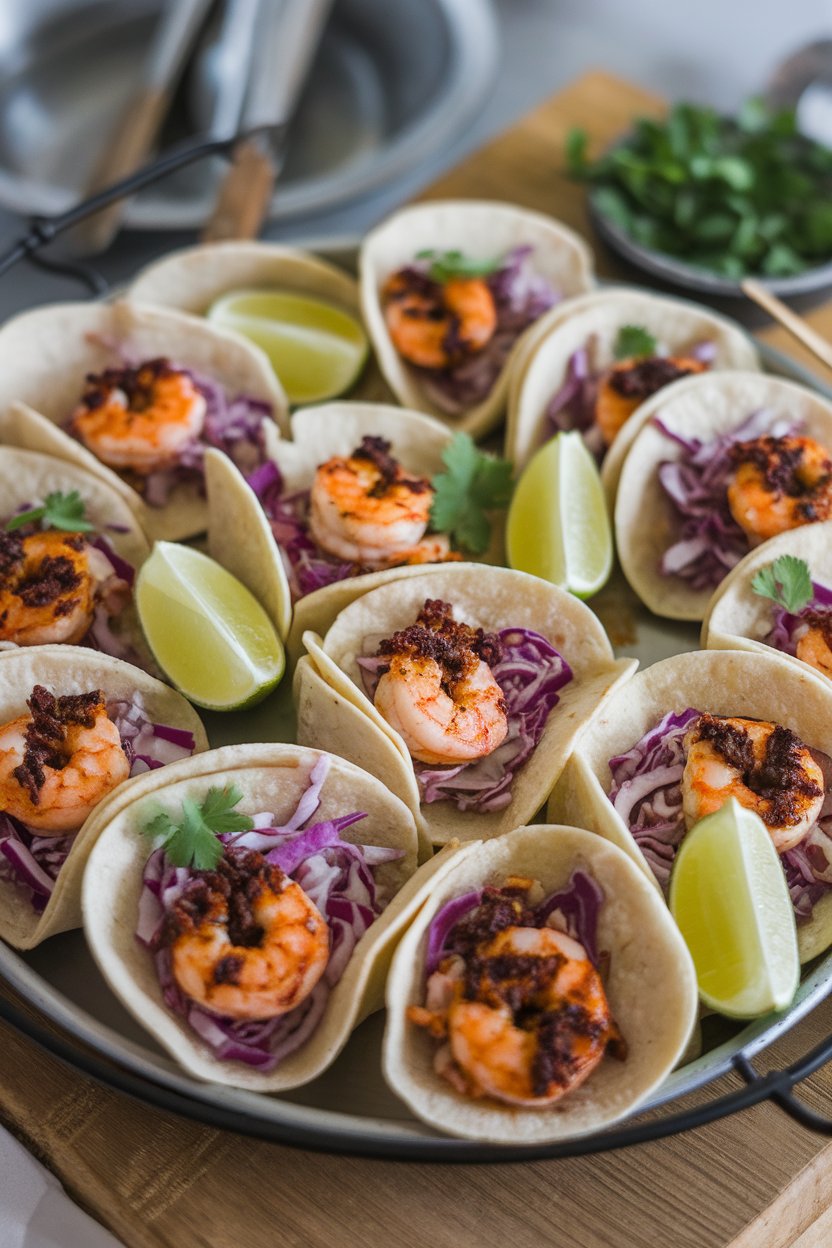 Indoor photo of a tray with mini soft tortillas filled with cooked blackened shrimp, purple slaw, and lime wedges; no text or logos