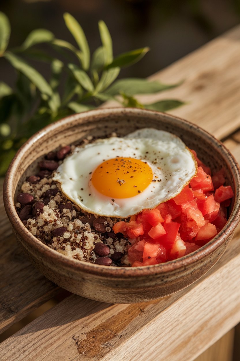 Photo of a ceramic bowl filled with quinoa, black beans, diced tomato, and a fried egg on top, warm indoor lighting from the side. No text or logos.