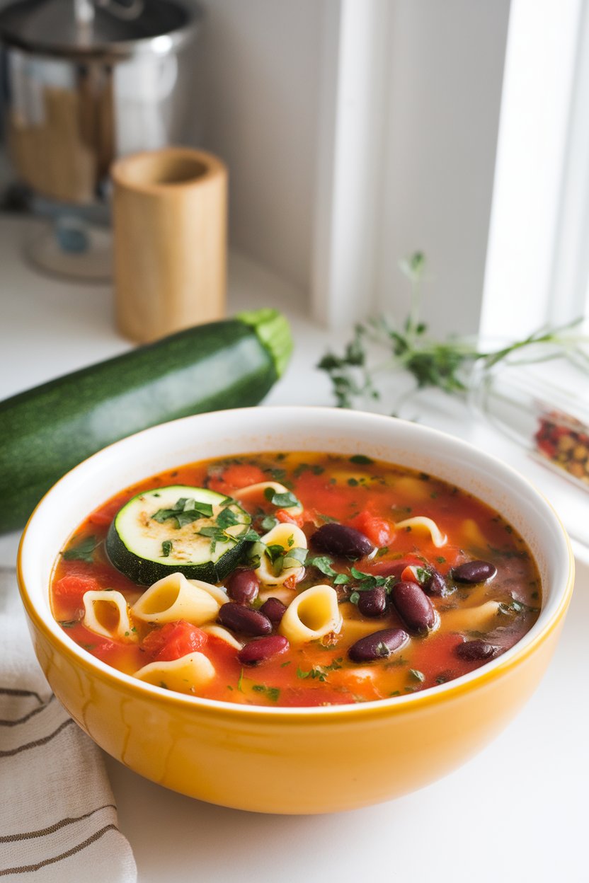 Bright indoor setting showing a colorful bowl of minestrone—zucchini, kidney beans, pasta shells, and diced tomatoes in herb-speckled broth. No text or logos. Photo.