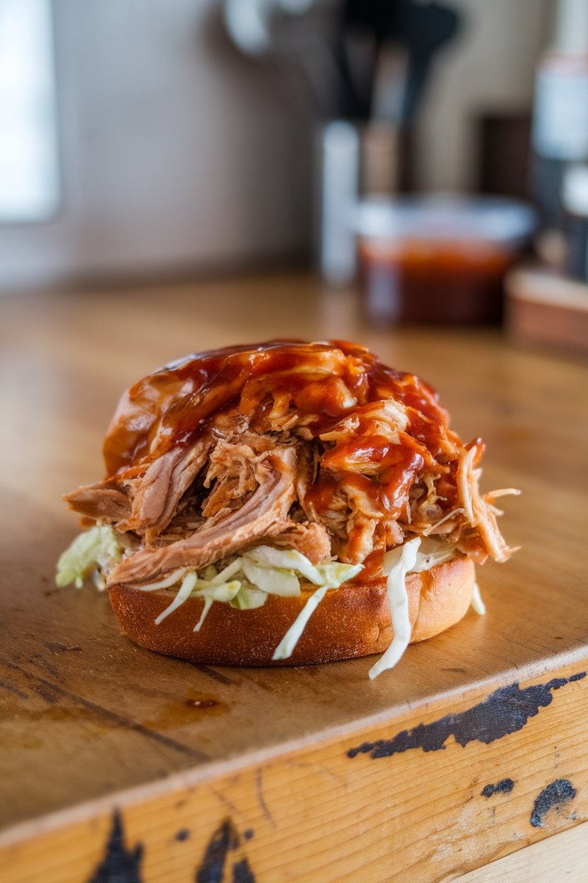 A wooden indoor countertop holding a pile of pulled barbecue chicken on a toasted bun, with coleslaw peeking out. No text, no visible logos. Photo.