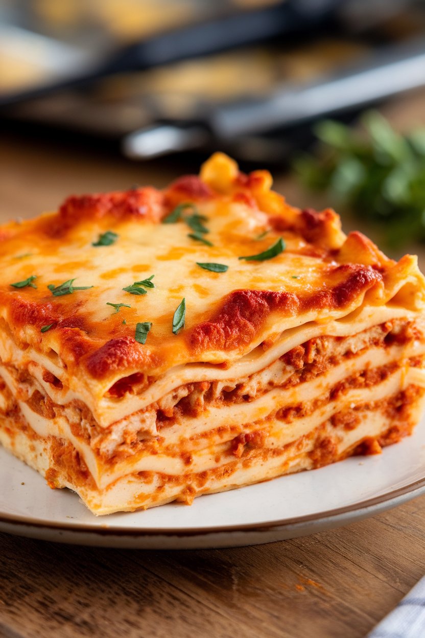 Indoor slice of cheesy chicken lasagna on a white plate, layers clearly visible. No logos.