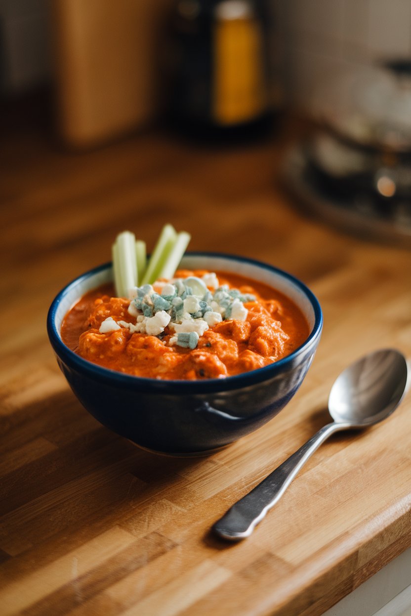 An indoor countertop with a bowl of buffalo chicken chili, garnished with crumbled blue cheese and thin celery slices. No logos or text are visible.