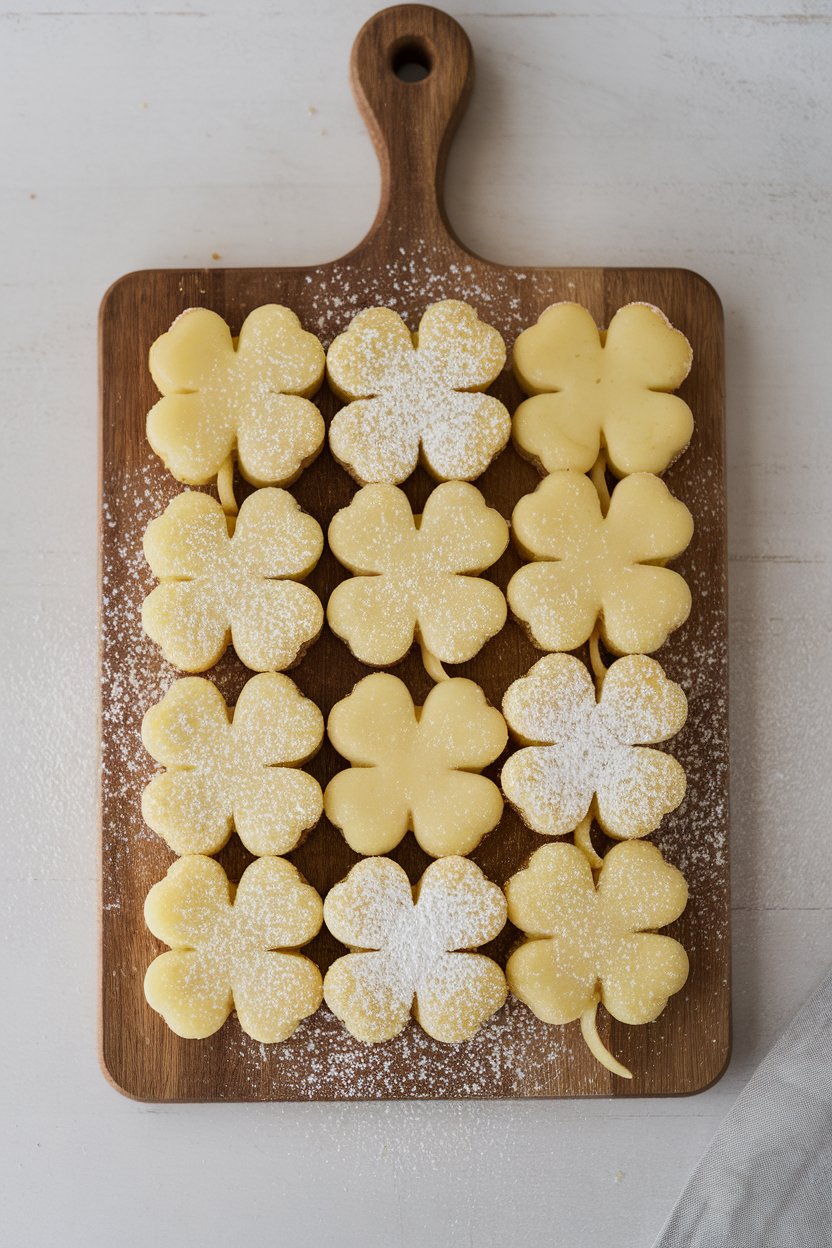 An indoor cutting board with clover-shaped lemon bars showing pale green custard and powdered sugar top, no text or logos. Photo only.