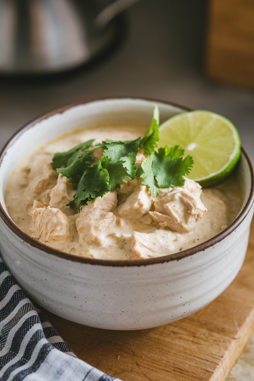 Photo of creamy white chicken chili in a white ceramic bowl indoors, garnished with cilantro and lime wedge, no text or logos