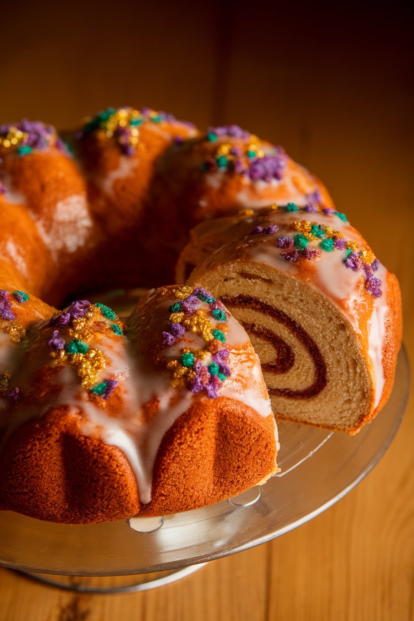 Indoor photo of a round yeasted king cake glazed and sprinkled with purple, green, and gold sugar, set on a simple cake stand with a slice partially pulled out to show the cinnamon swirl. Warm lighting, no text or logos anywhere.